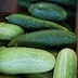 A rectangular, cardboard box of cucumbers and a smaller, square box of zucchini and green bell peppers are on the back seat of a car with tan, leather upholstery.