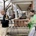 Part of the procession line outside of the church. There's a man on the left side of the frame, and Fr. Aleksey is on the right side, walking behind the man while holding a censor in his right hand and pussy willows in his left.